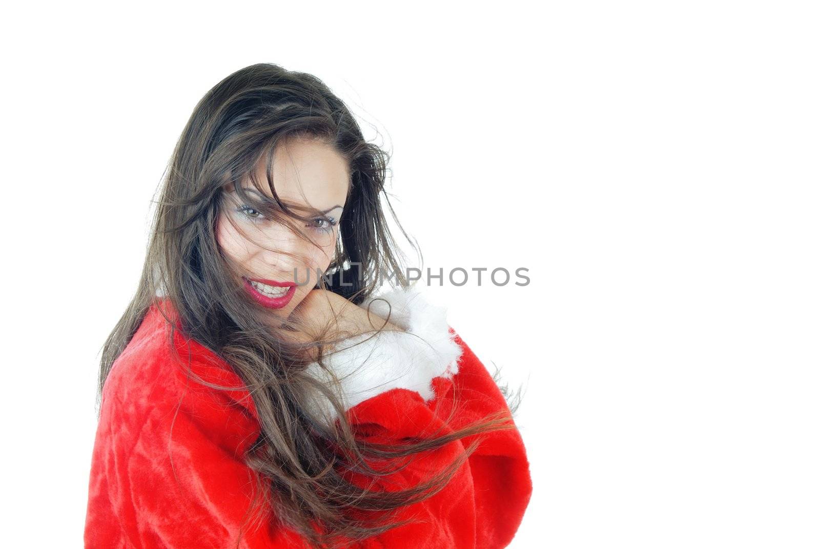 Smiling lady in the red Santa Claus costume on a white background