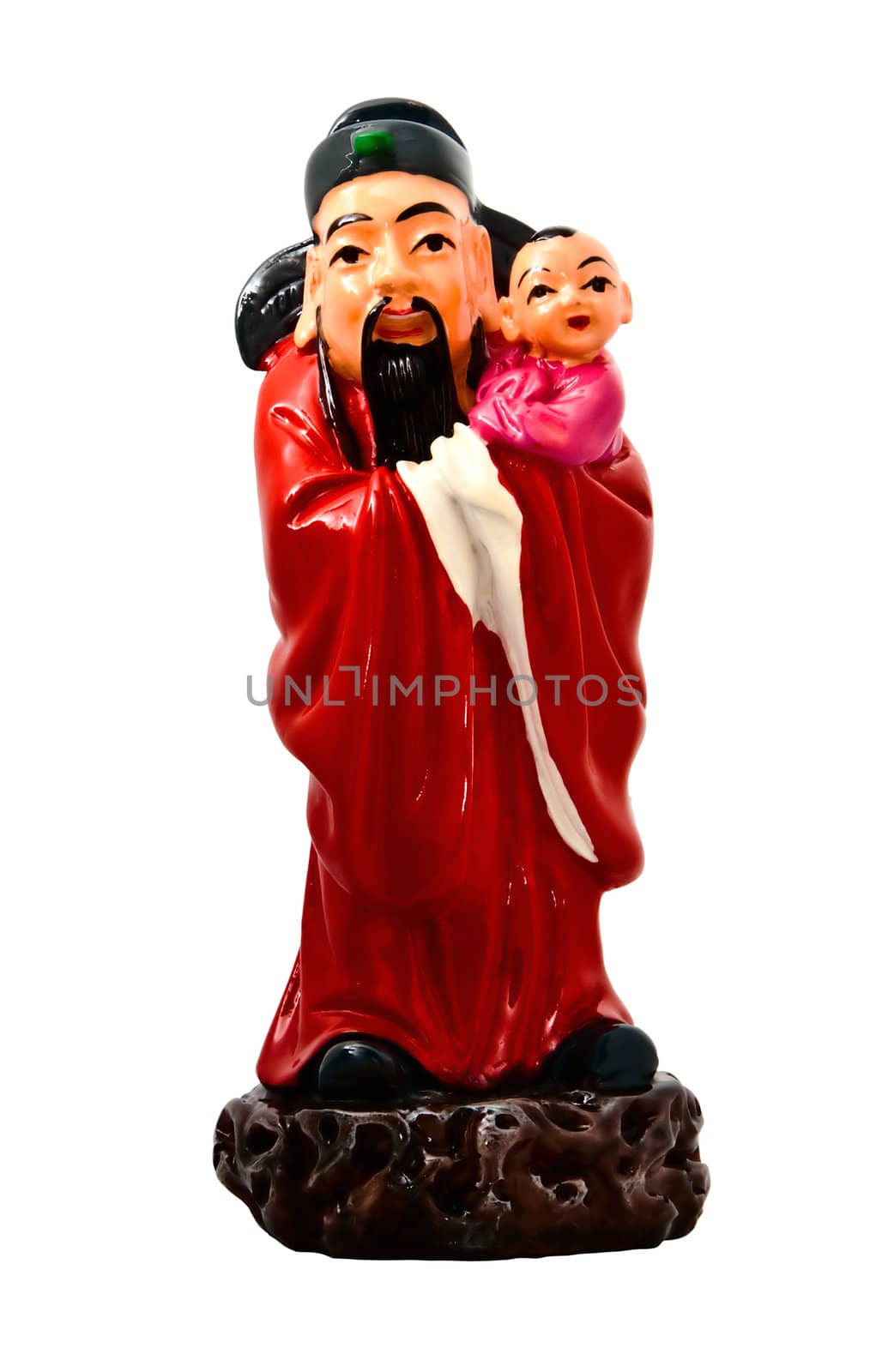Statuette of the Chinese deity of happiness (Fu-sin) on a white background. Isolated.