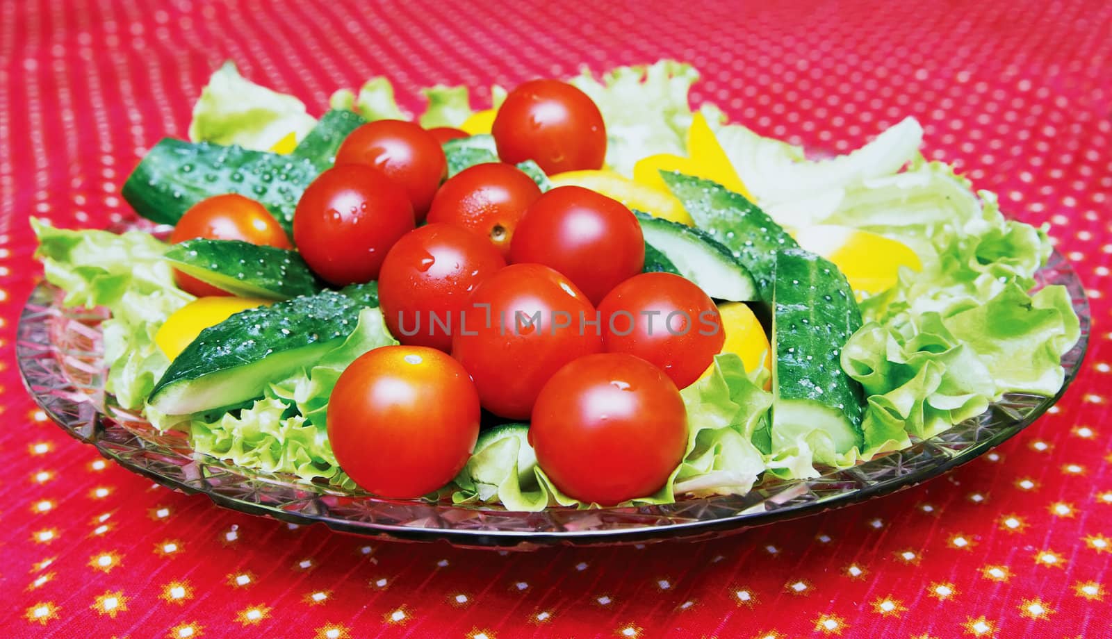 Dish with the expansion of its tomatoes, cucumbers, peppers and lettuce listmi