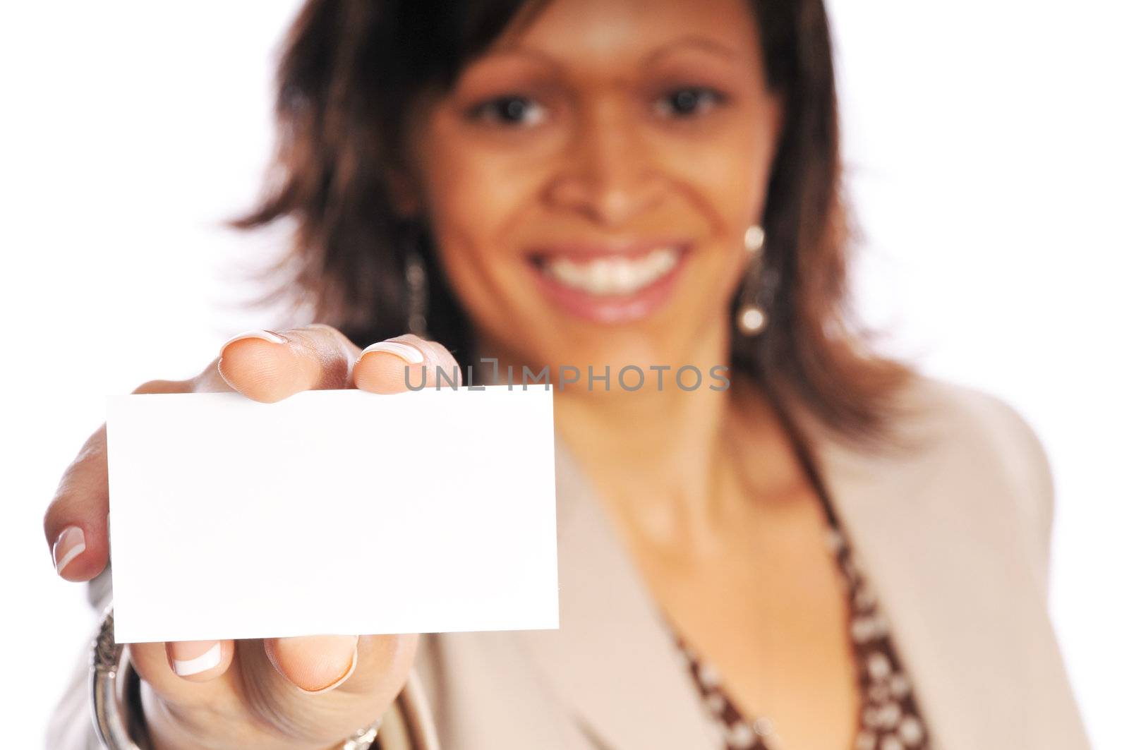 young business woman with a blank business card