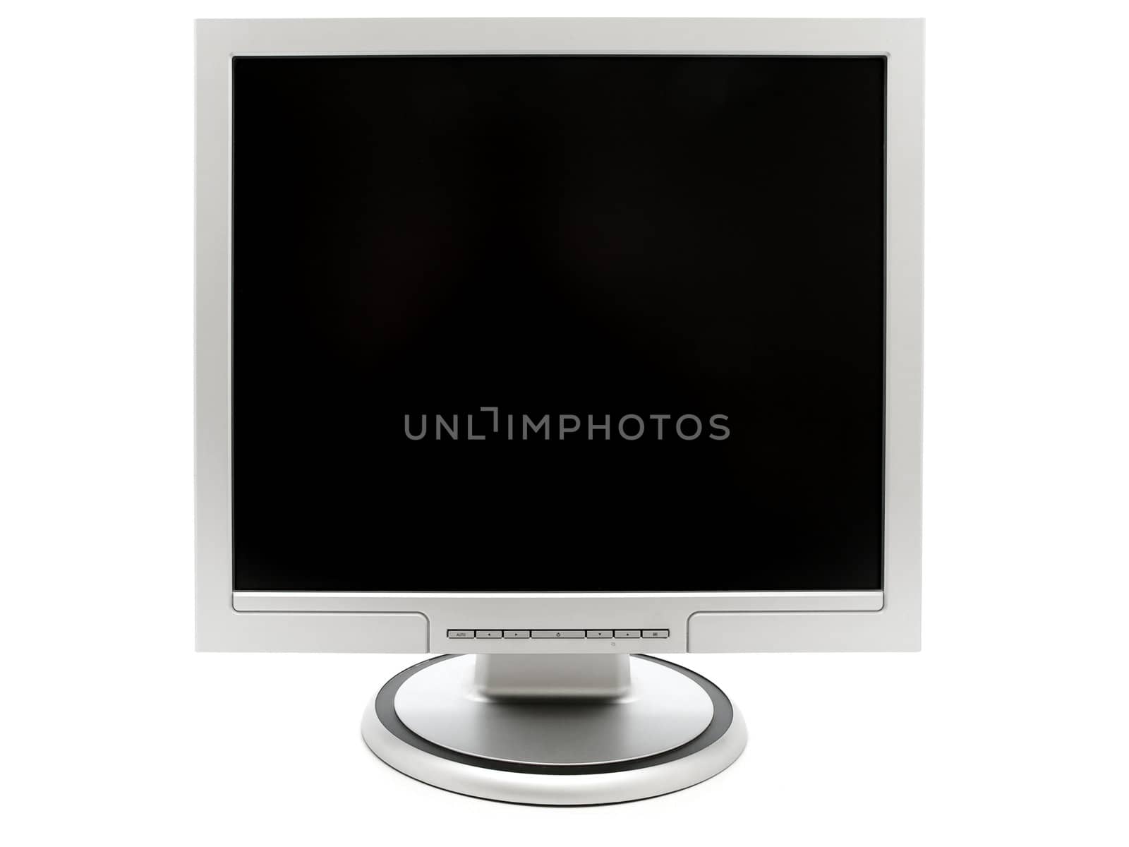 single computer monitor with black screen over the white background