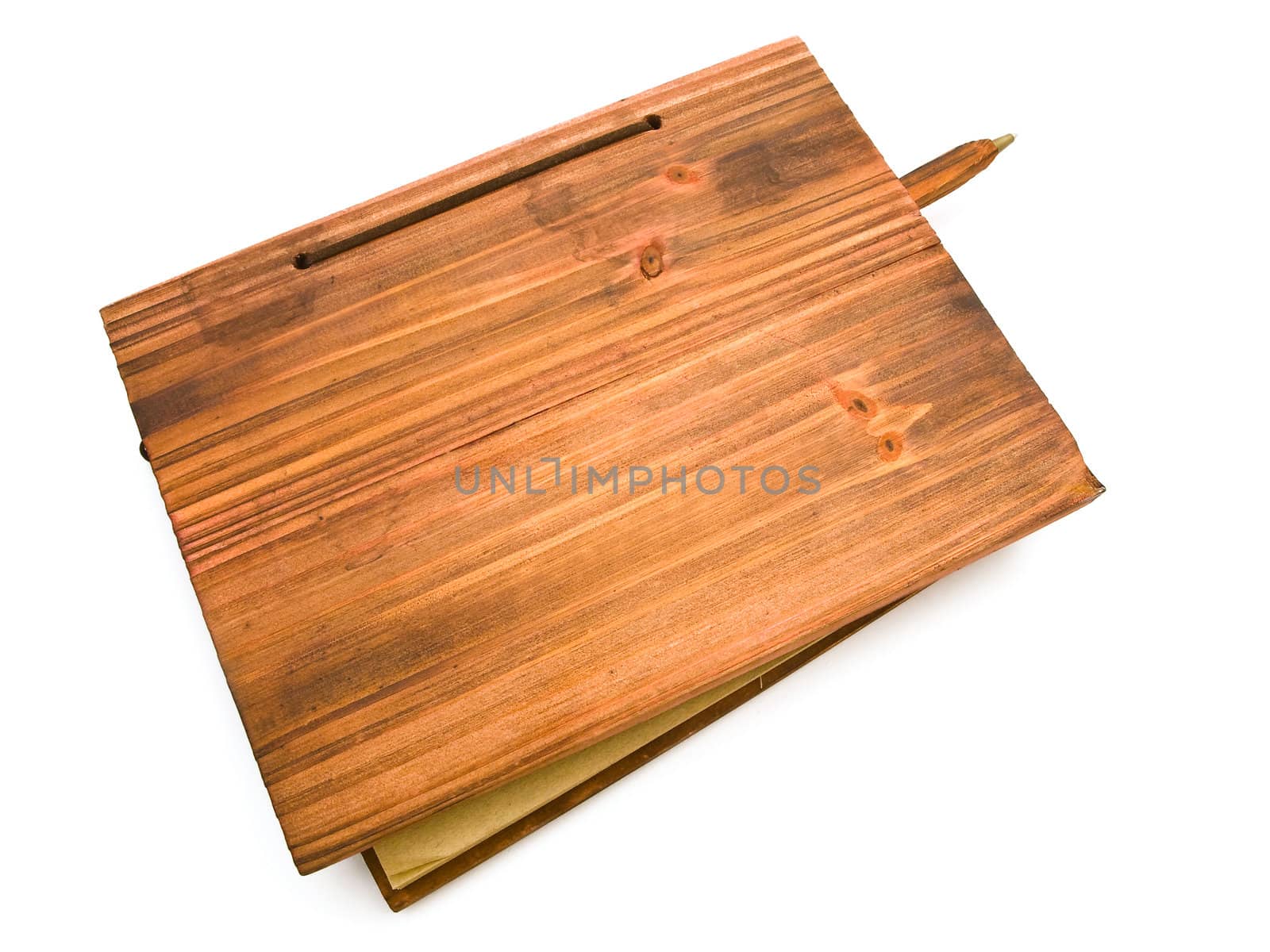 ancient wooden book and pen against the white background