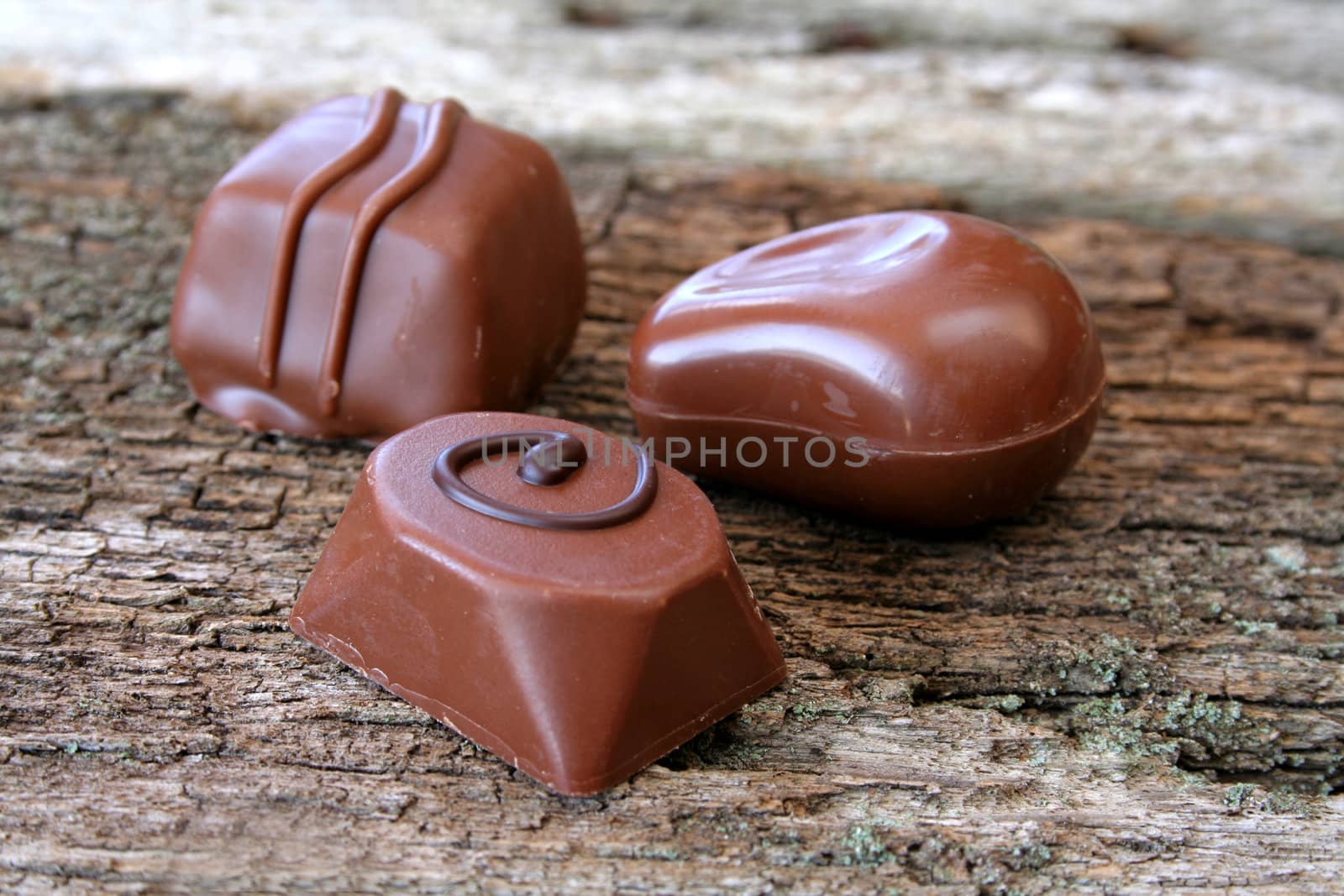 Assortment of chocolate on an old piece of wood.