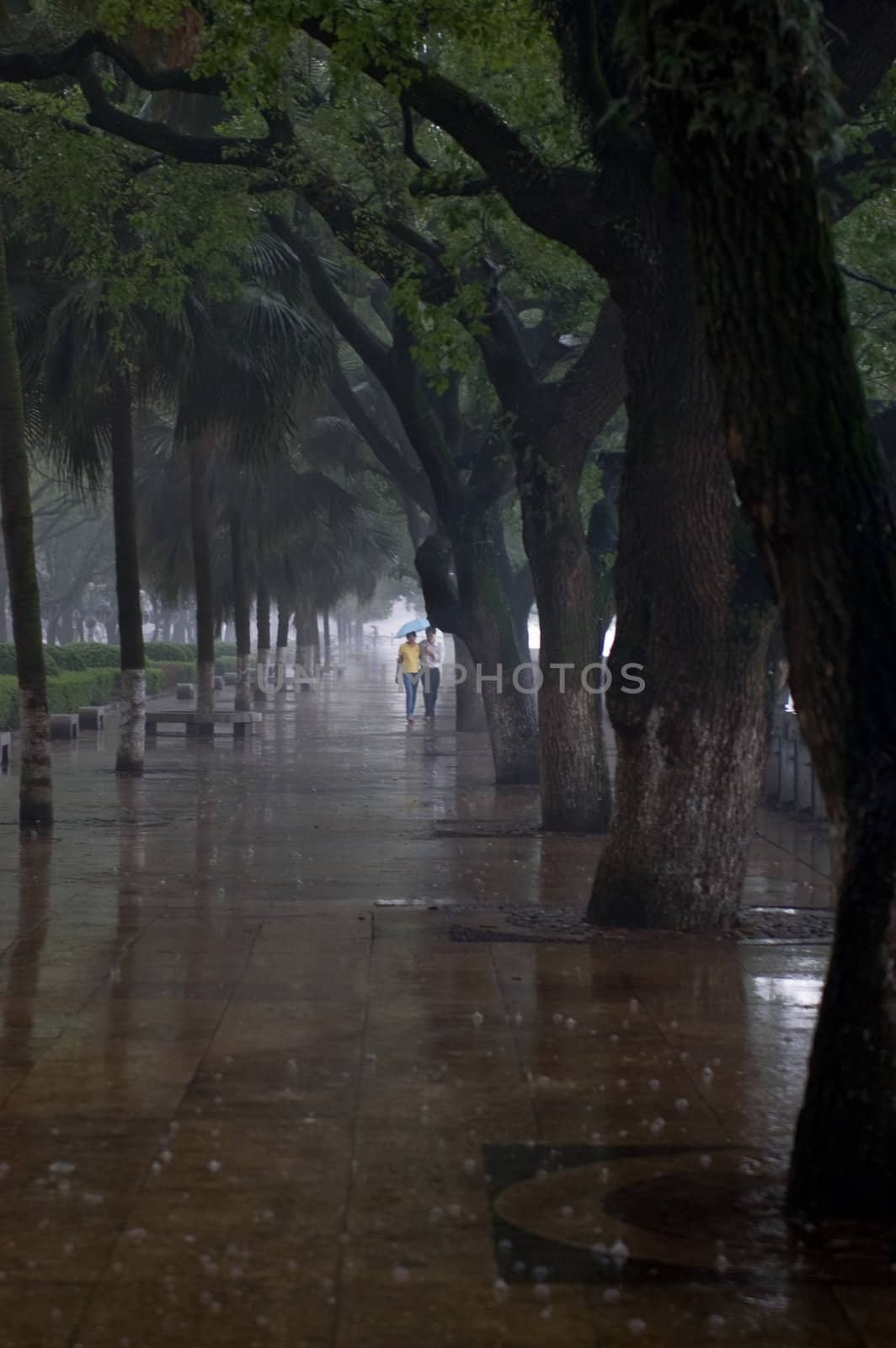 Couple walking in the rain Guilin China