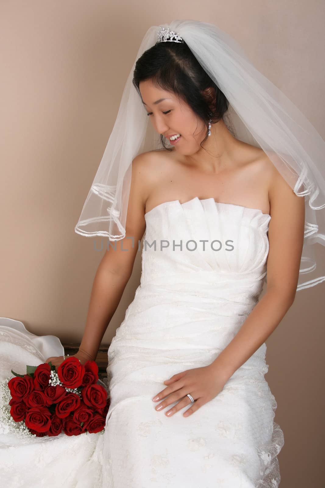 Beautiful bride wearing a traditional gown with red roses