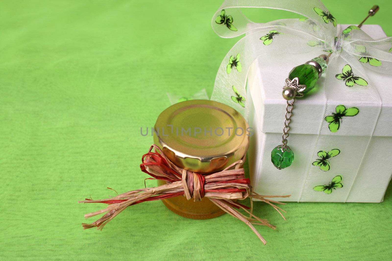 White Gift Box and Small Copper Lid Honey Jar