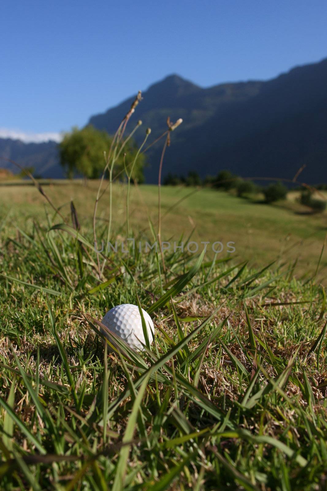 Golf Ball on a golf course with a mountain range in the background