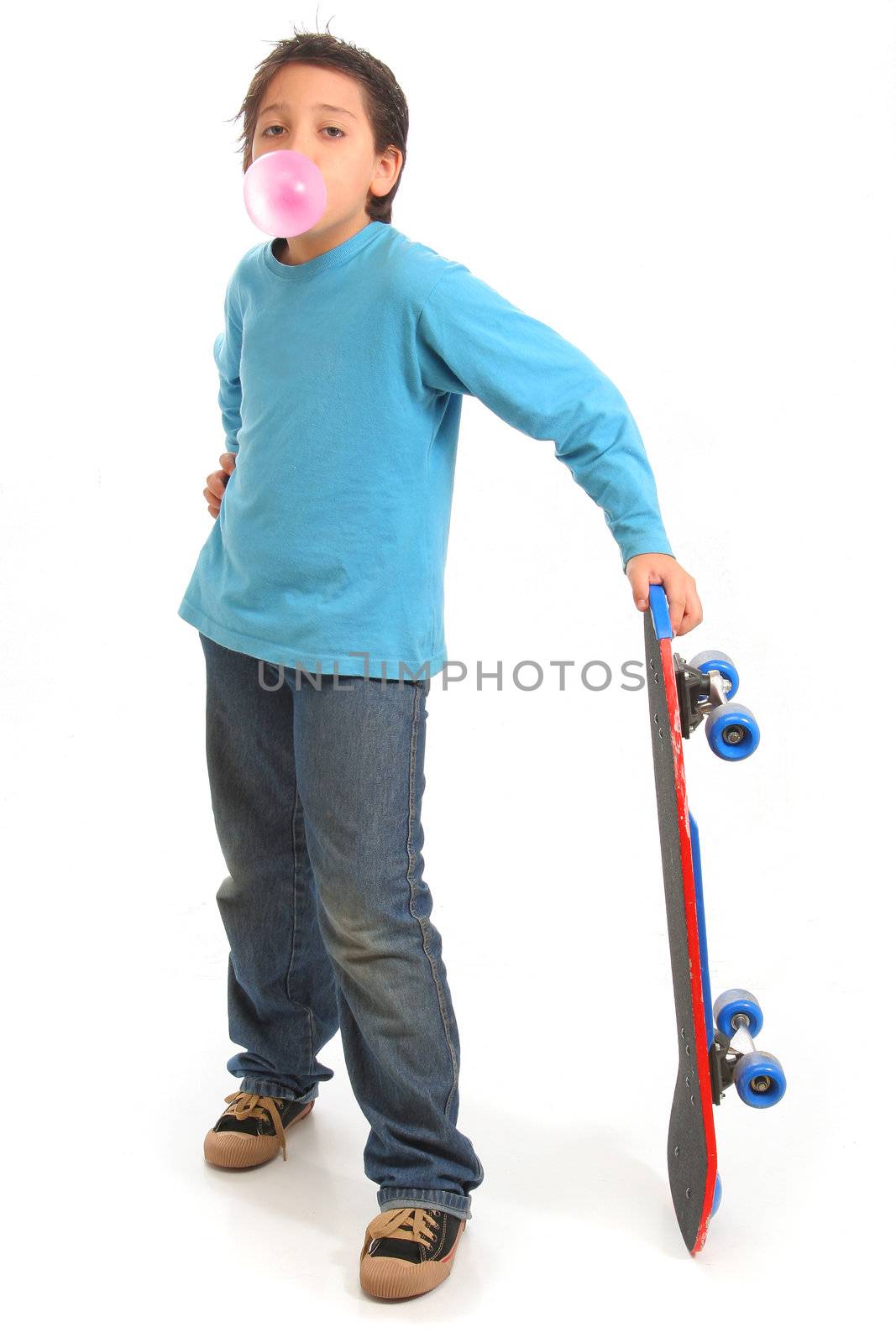 Boy blowing a bubble gum holding a skate by Erdosain