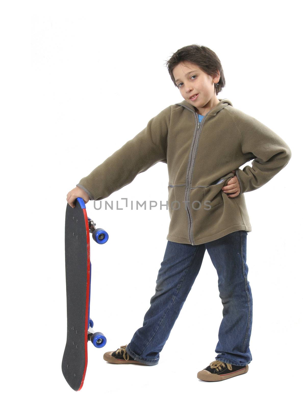 Cool boy posing with his skate. Full body, white background. More pictures of this model at my gallery