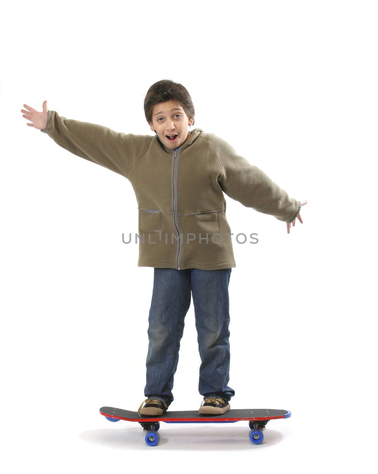 Cool boy skateboarding. Full boy, white background. More pictures of this model at my gallery