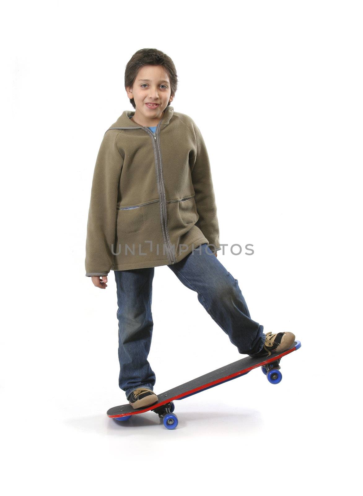Cool boy skateboarding. Full boy, white background. More pictures of this model at my gallery