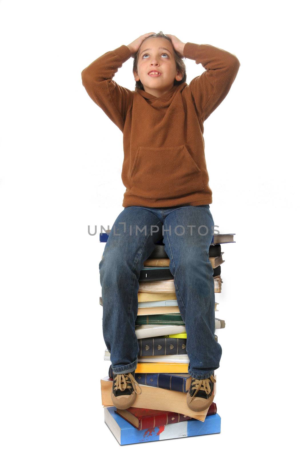 Student sitting on a pile of books by Erdosain