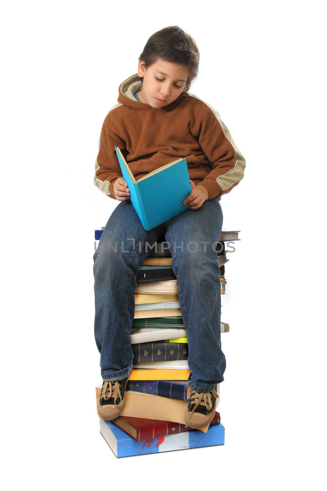 Student sitting on a pile of books by Erdosain