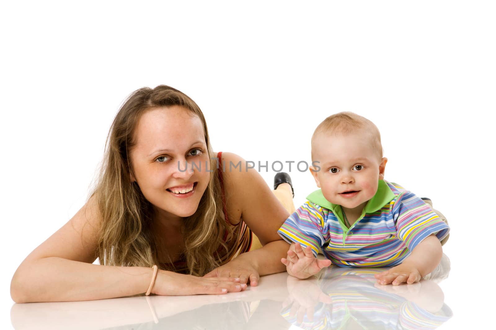 Mother and son posing together isolated on white