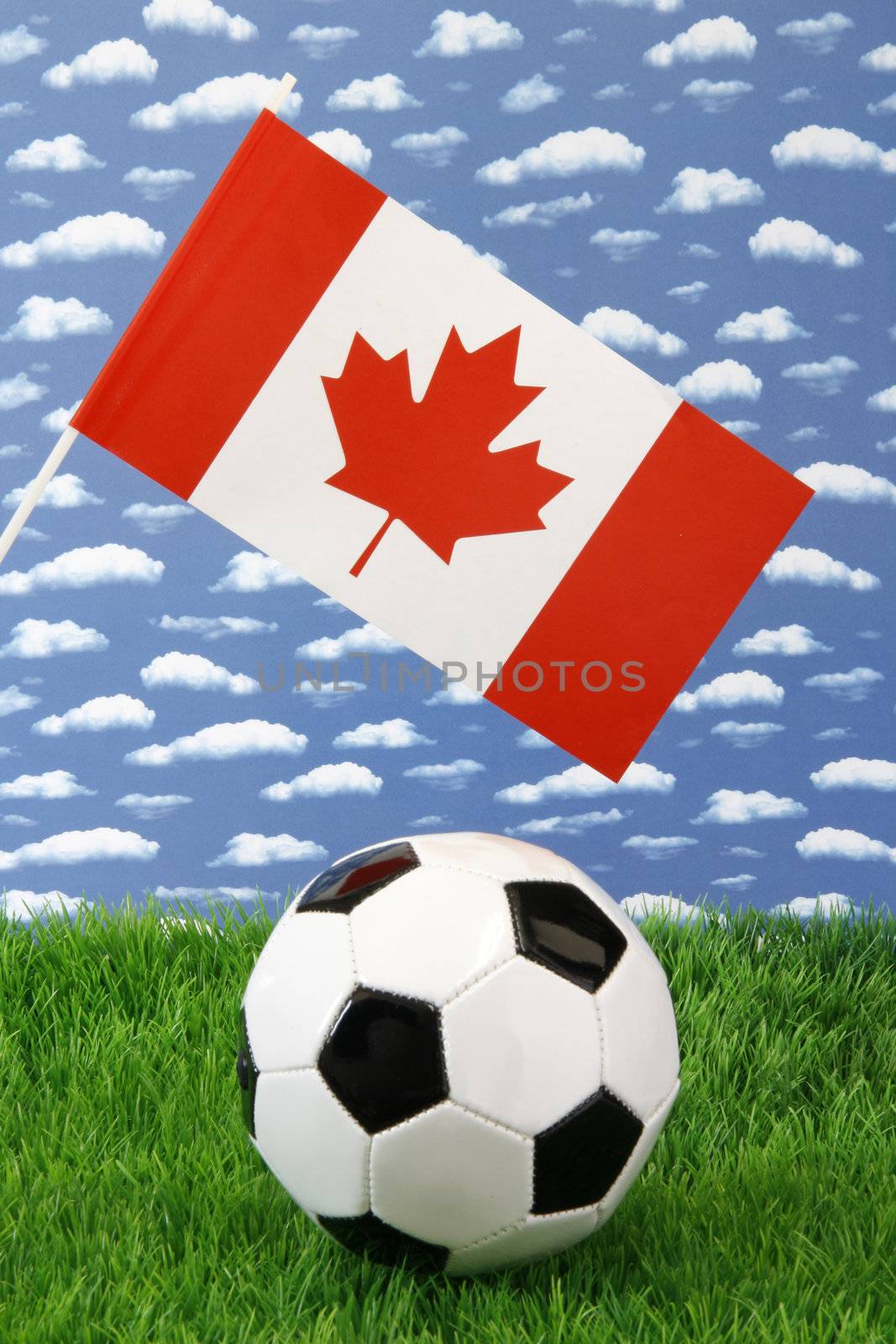 Soccerball on grass with Canadian national flag over sky background