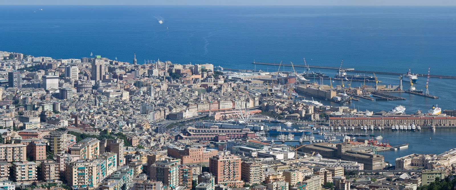 aerial view of genova with the old town and port in a sunny day