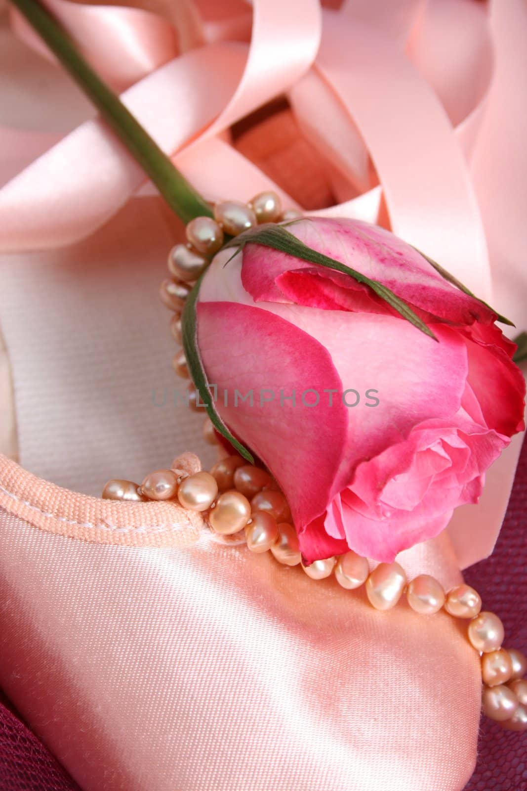 Satin Ballet shoe with a pink rose and pearls