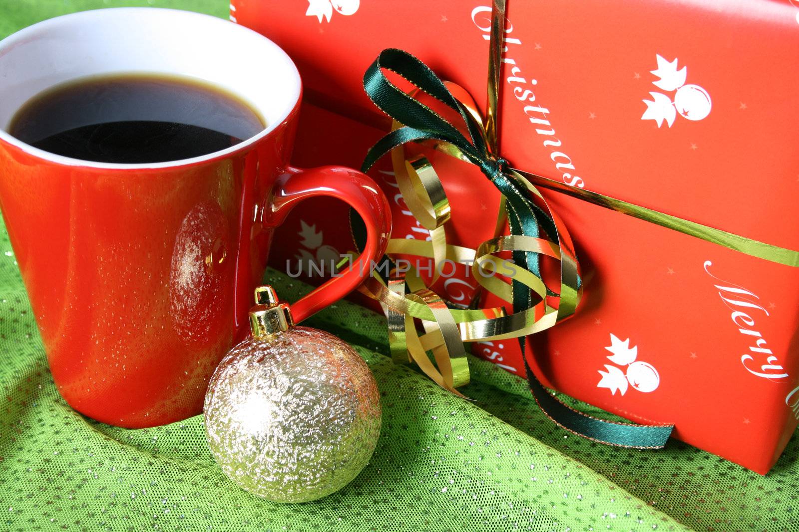 Christmas morning coffee with a gift and decoration