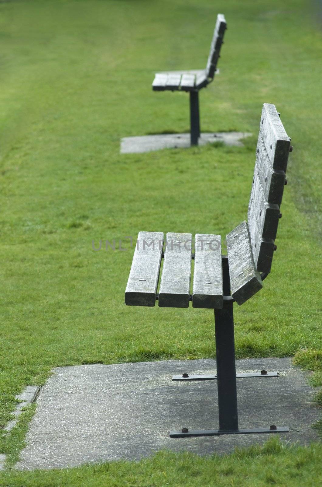 Two empty park benches facing left of vertical frame, bolted into concrete supports, surrounded by green grass.  Shallow depth of field.