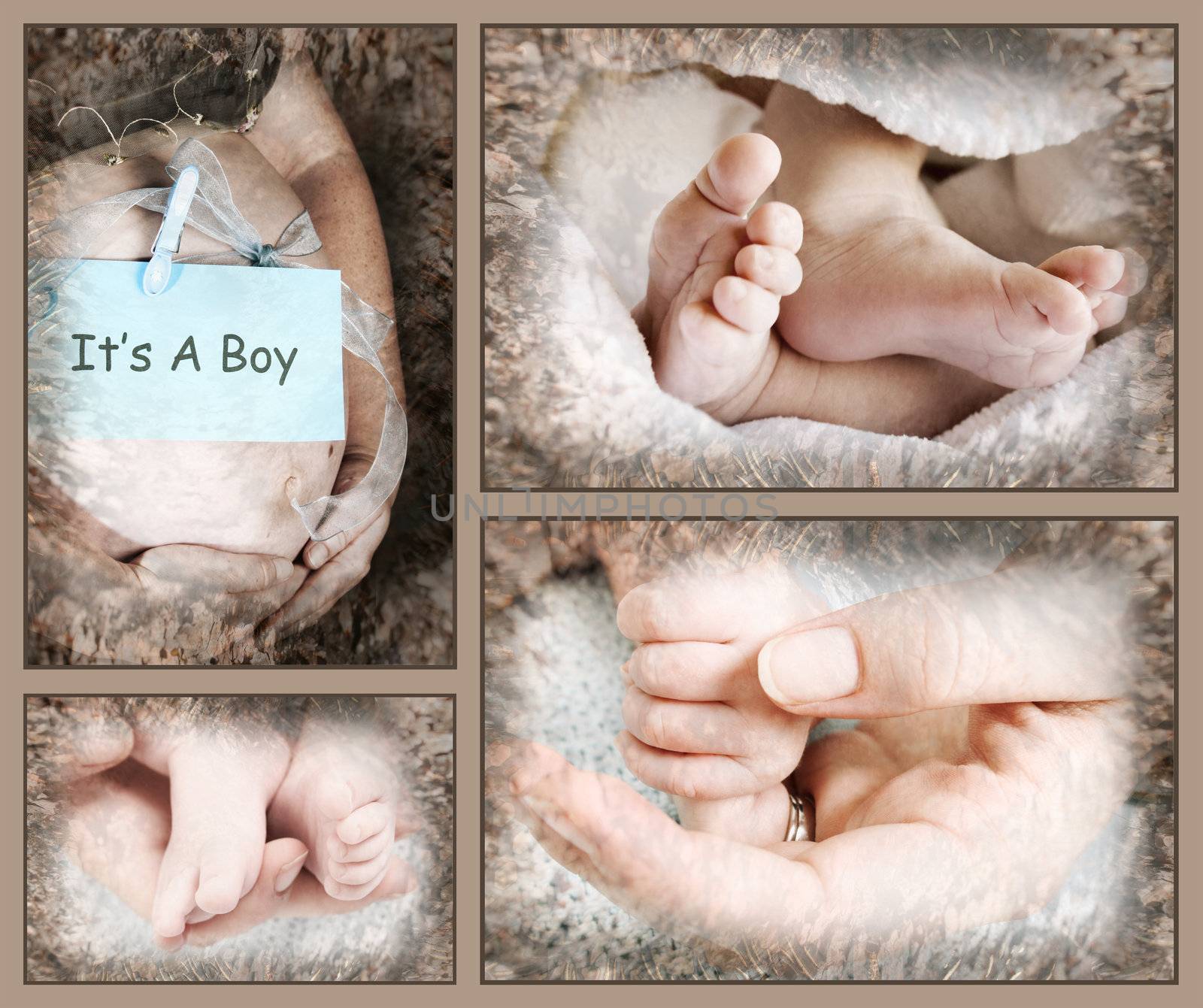 Collection of baby feet and hands with pregnant mother