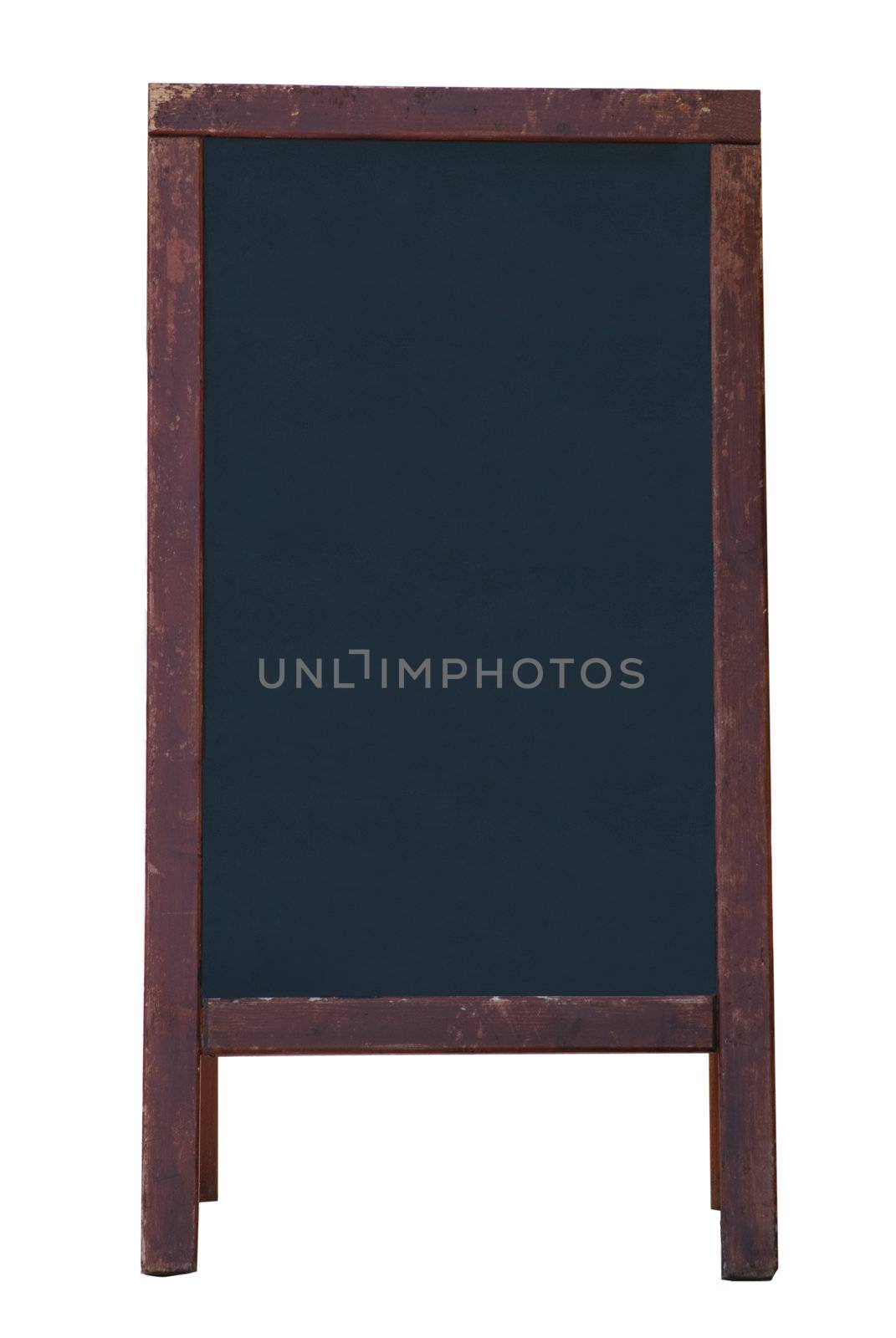 A blank, freestanding blackboard style noticeboard with wooden frame, isolated on a white background.  Weathered frame. Copy space on board.