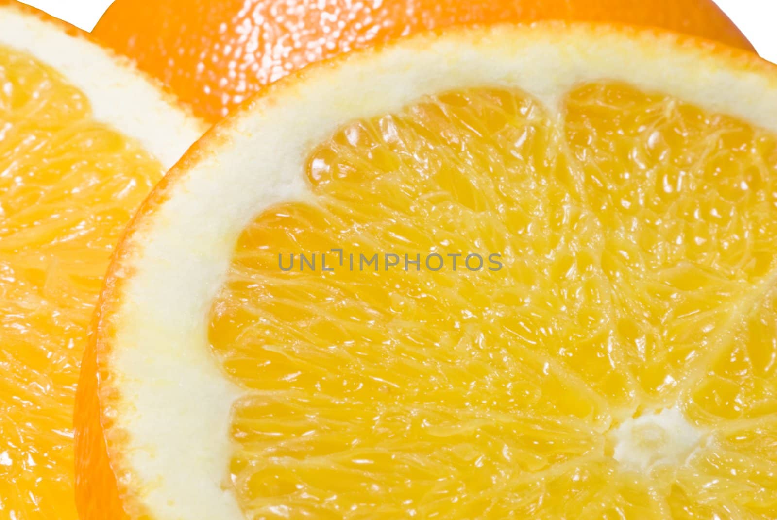 Close-up (macro) of two slices of orange and one upturned half-orange against a pure white background.  (Original background extracted).