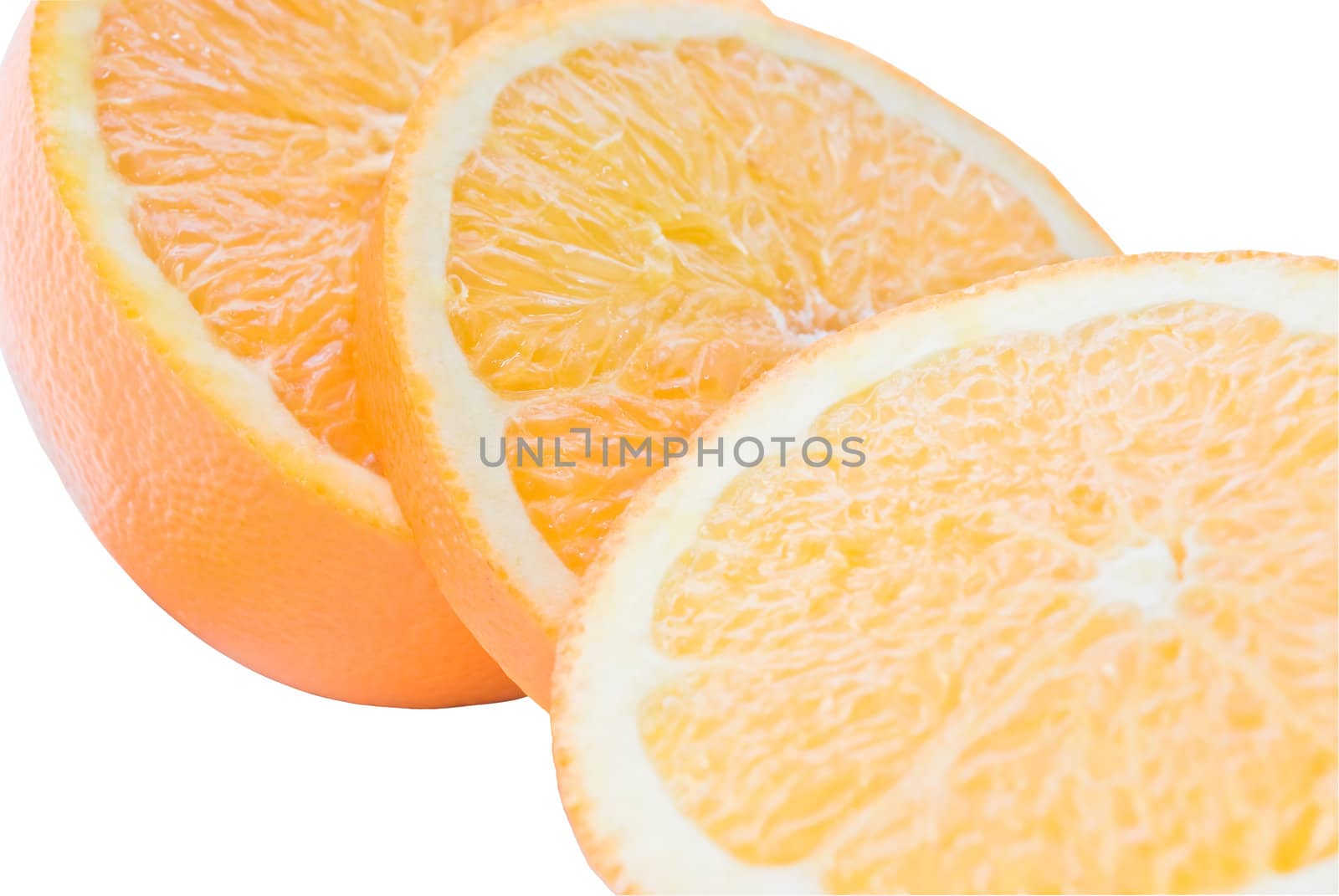 An orange half, and two slices, isolated against pure white background.