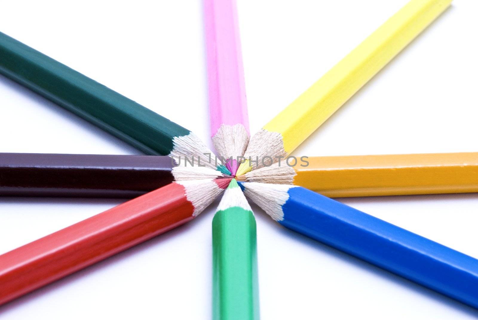 Coloured pencils laid out in a circle with tips pointing inwards.  White background.