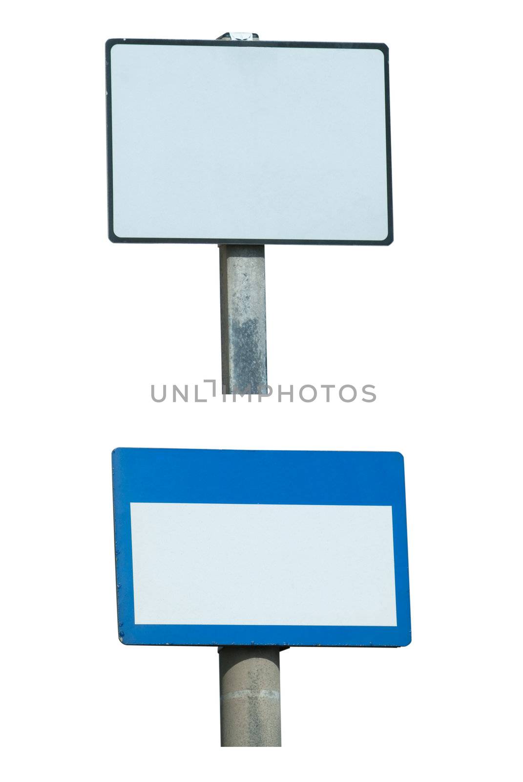 Two street signposts, white backgrounds with copy space, and black/blue borders, respectively, on metal posts.  Isolated.