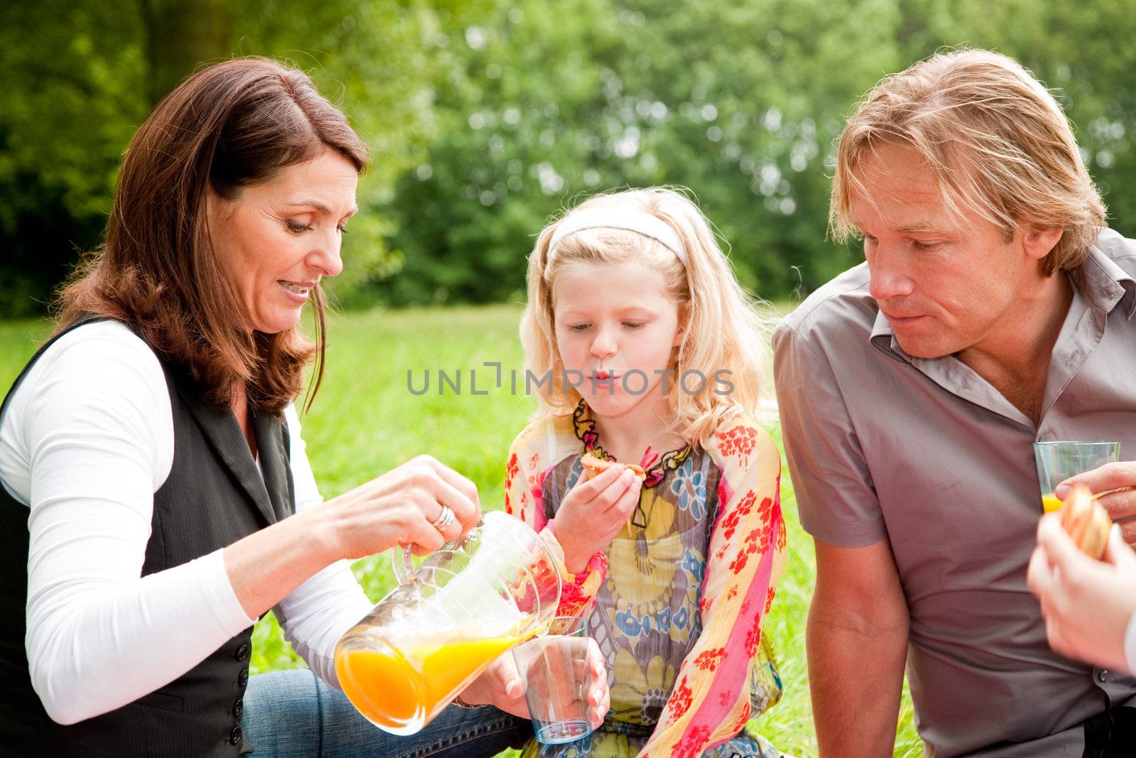 Young pretty family on an outdoors picnic in the field