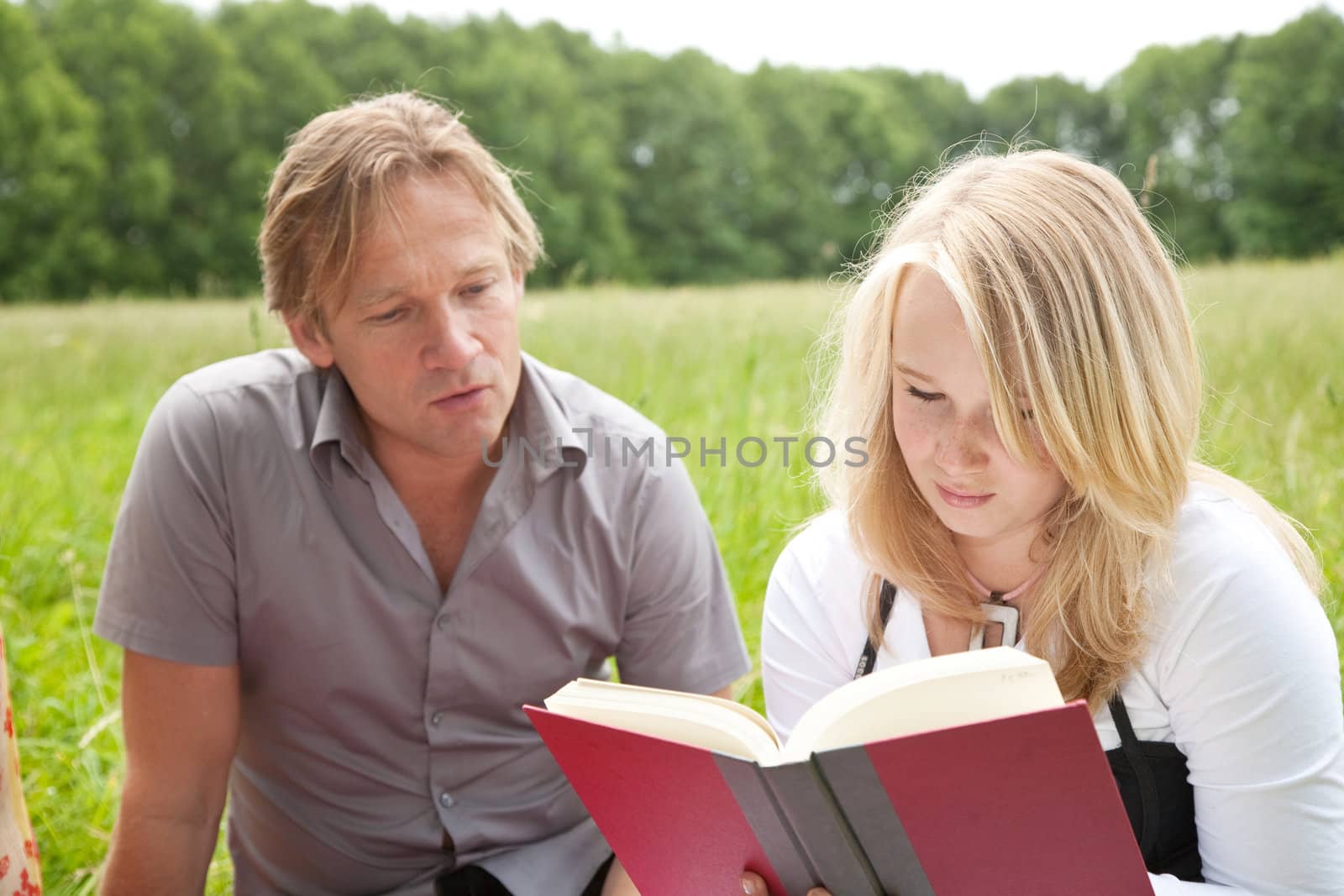 Beautiful young girl reading a book on the family picnic