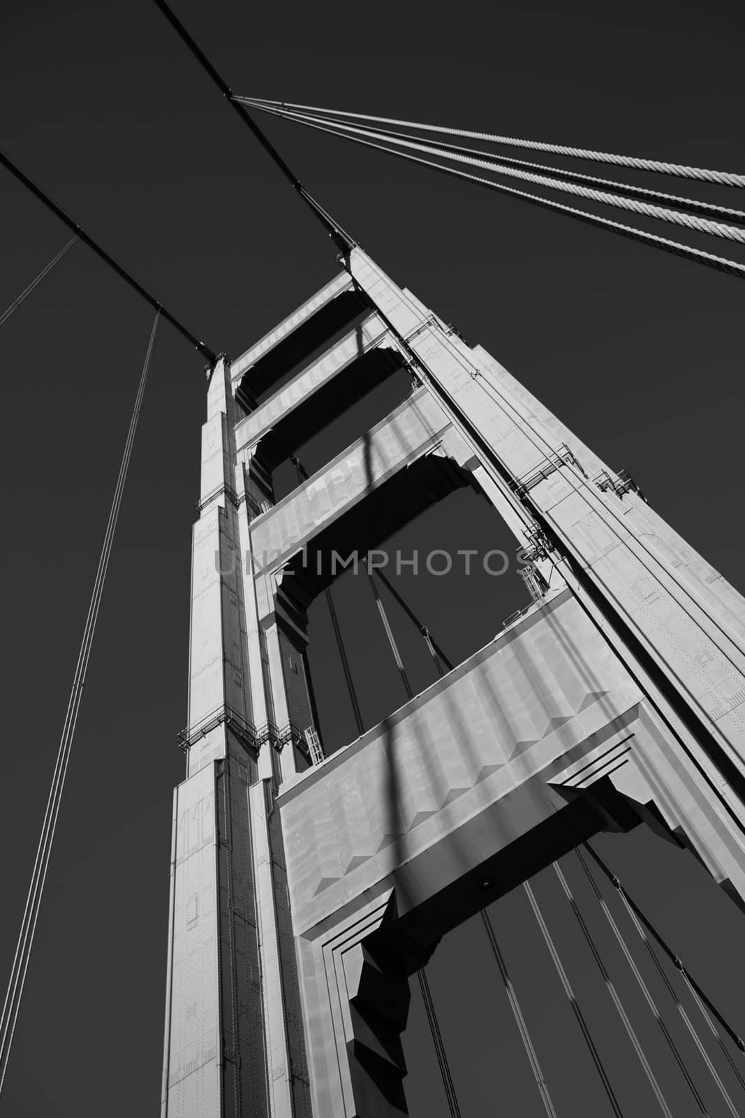 Black and White close up of one of the towers of the Golden Gate bridge