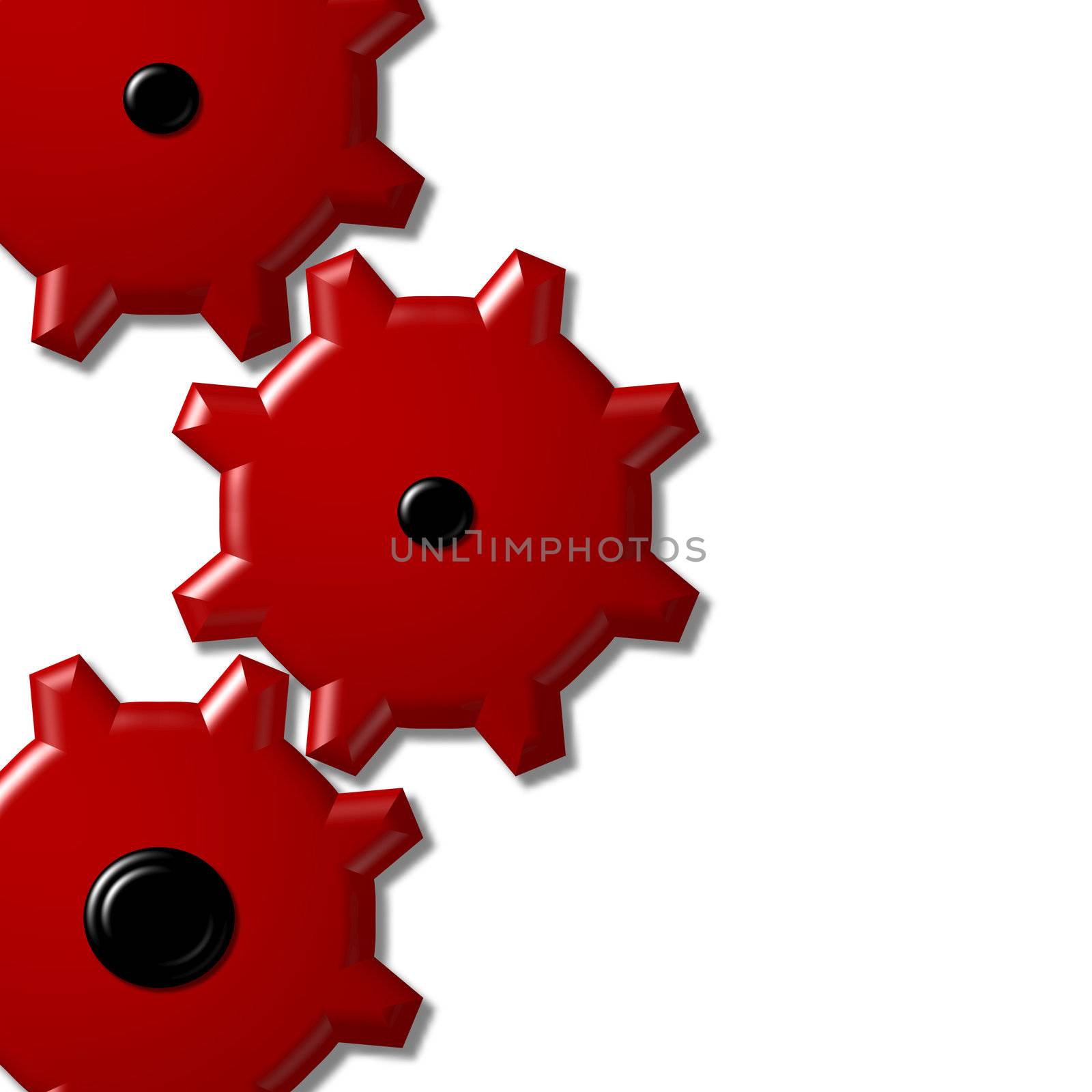 3D red mechanical cogs on white background