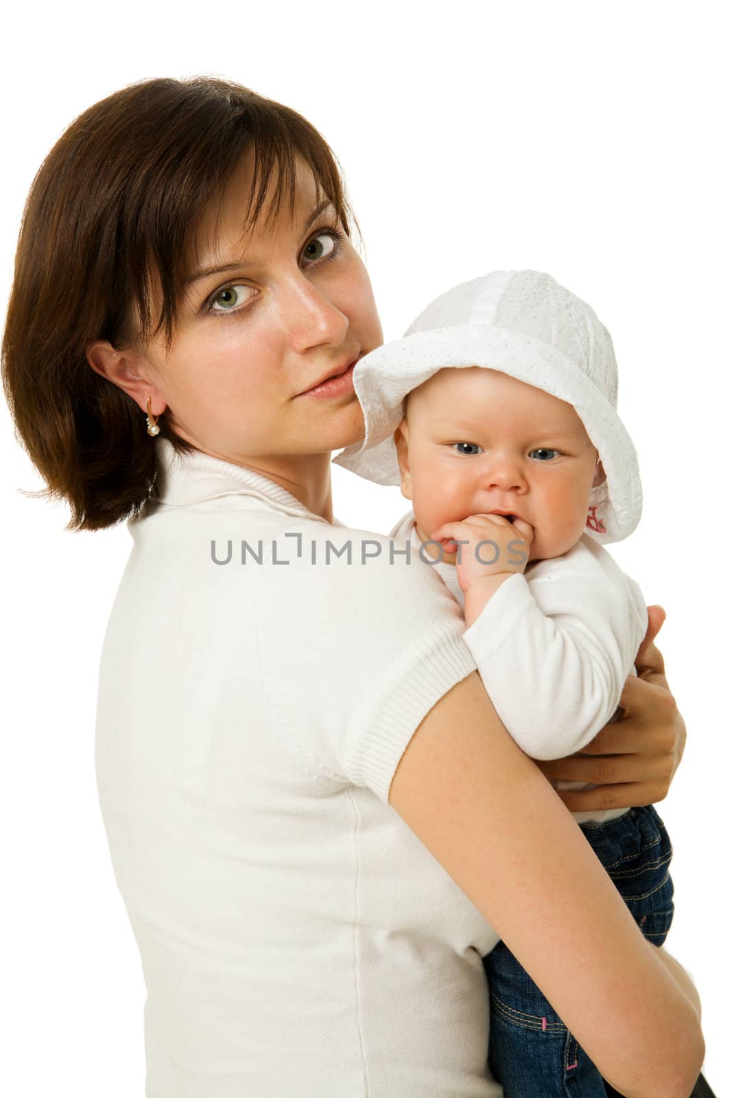 Mother with baby happy together isolated on white