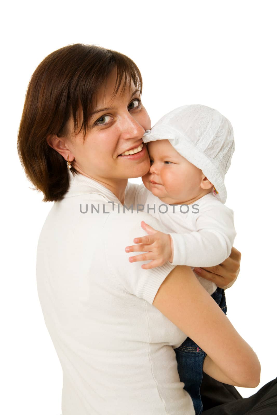 Mother with baby happy together isolated on white