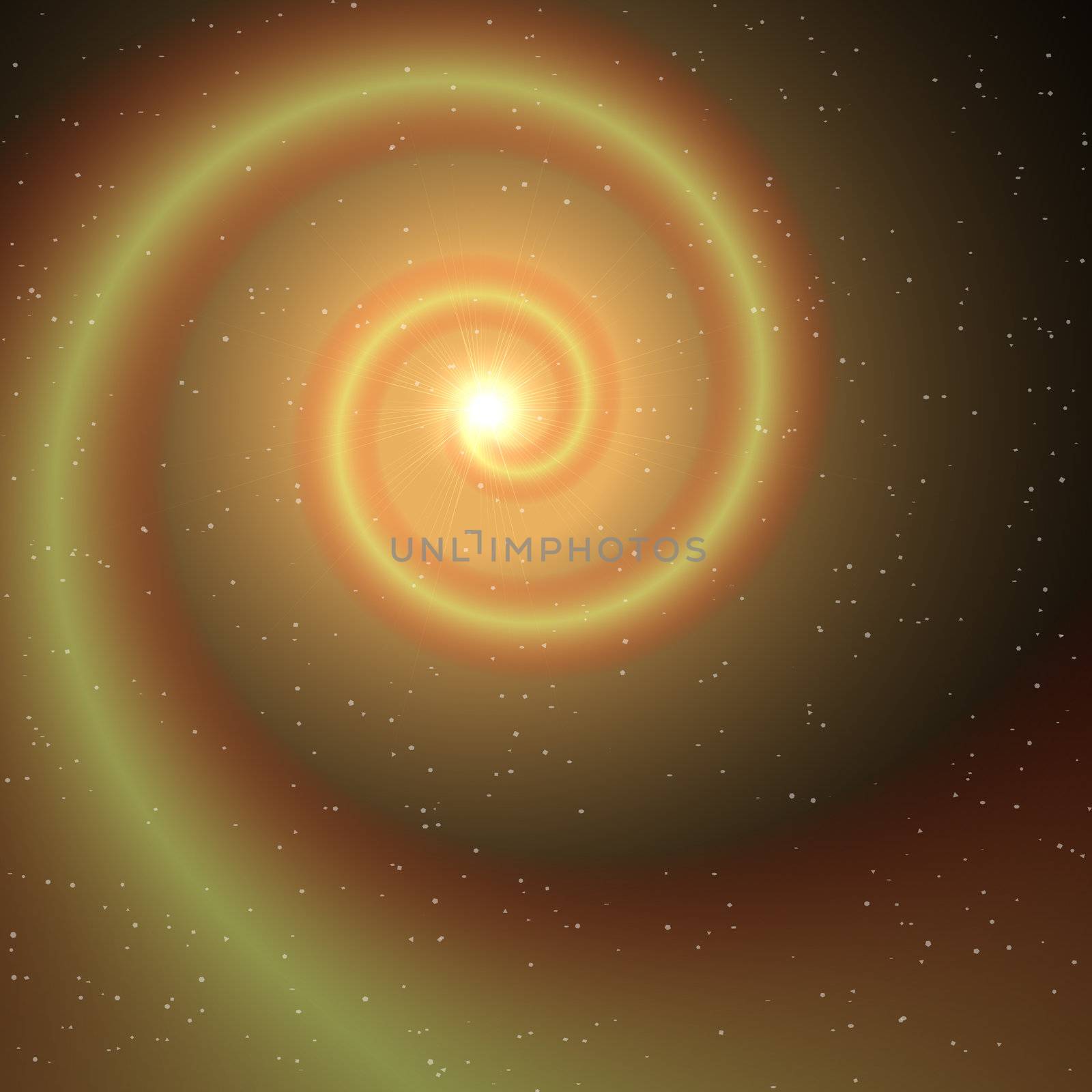 A yellow coloured spiral shape on a star background