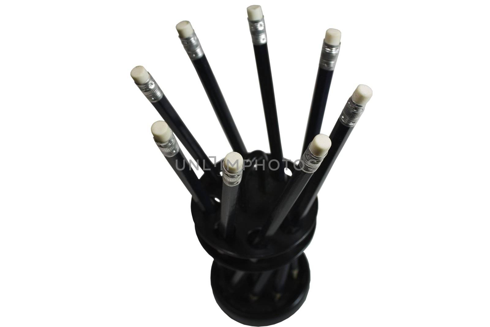 8 Black pencils with erasers in a black holder