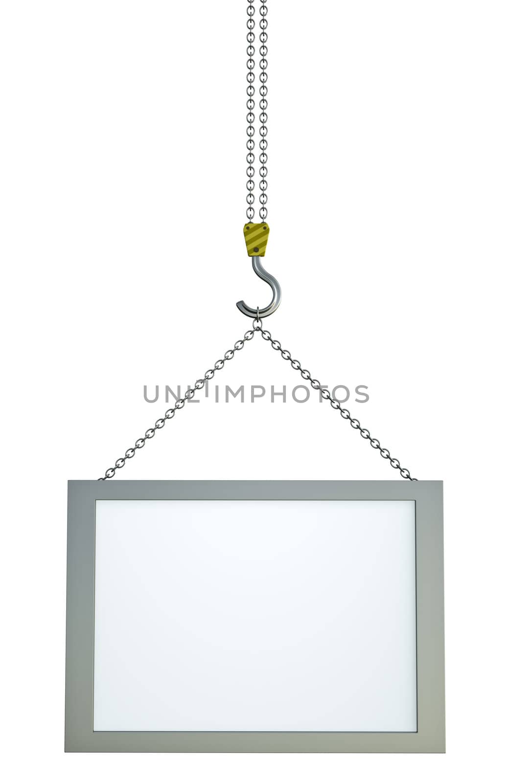 Blank framed banner or screen on hook, 3D render.