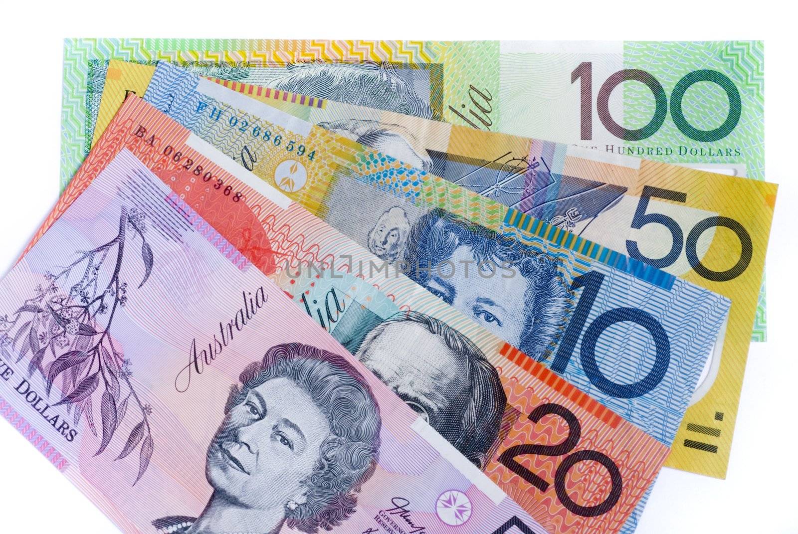 5 different denominations of australian bank notes