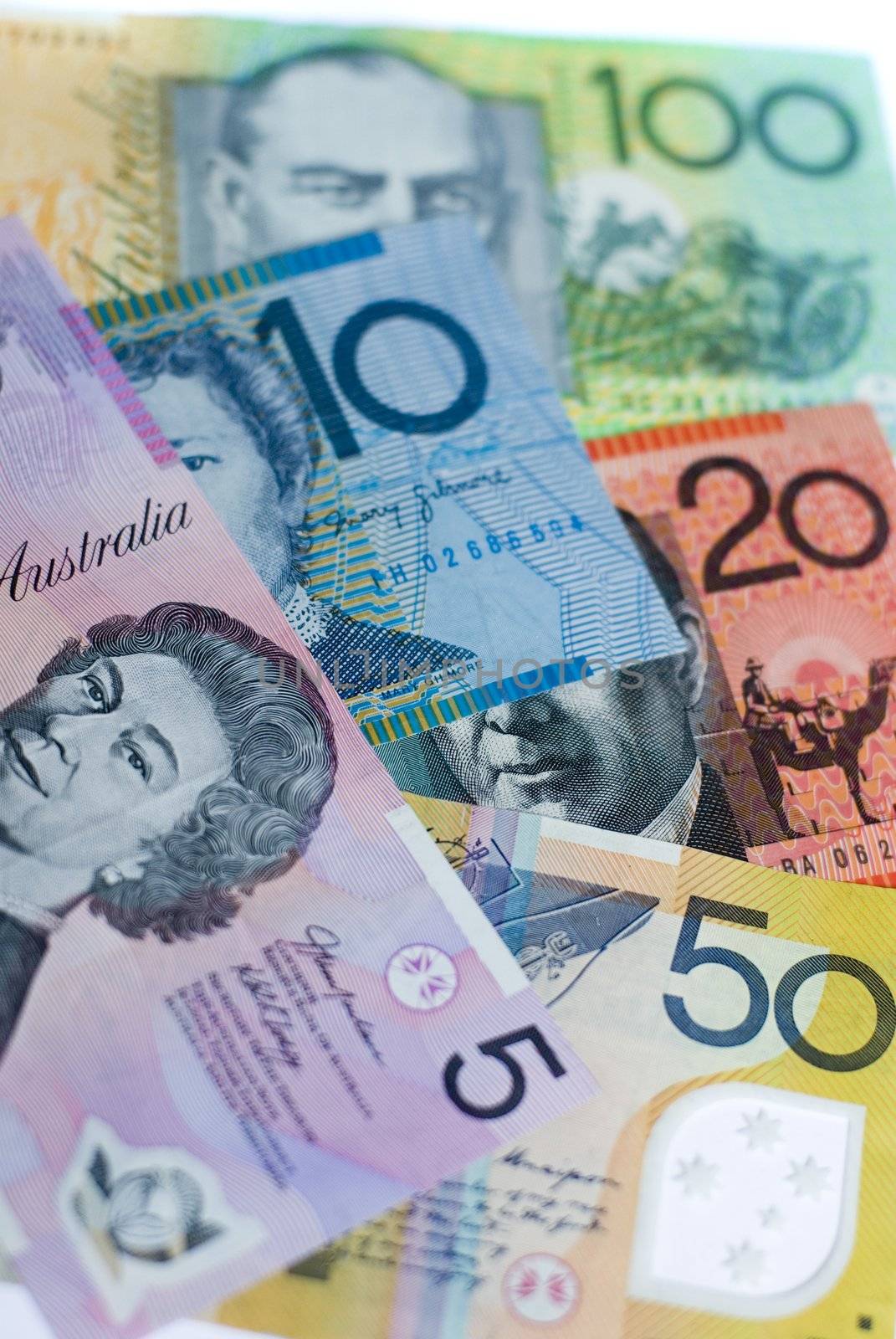 5 different denominations of australian bank notes