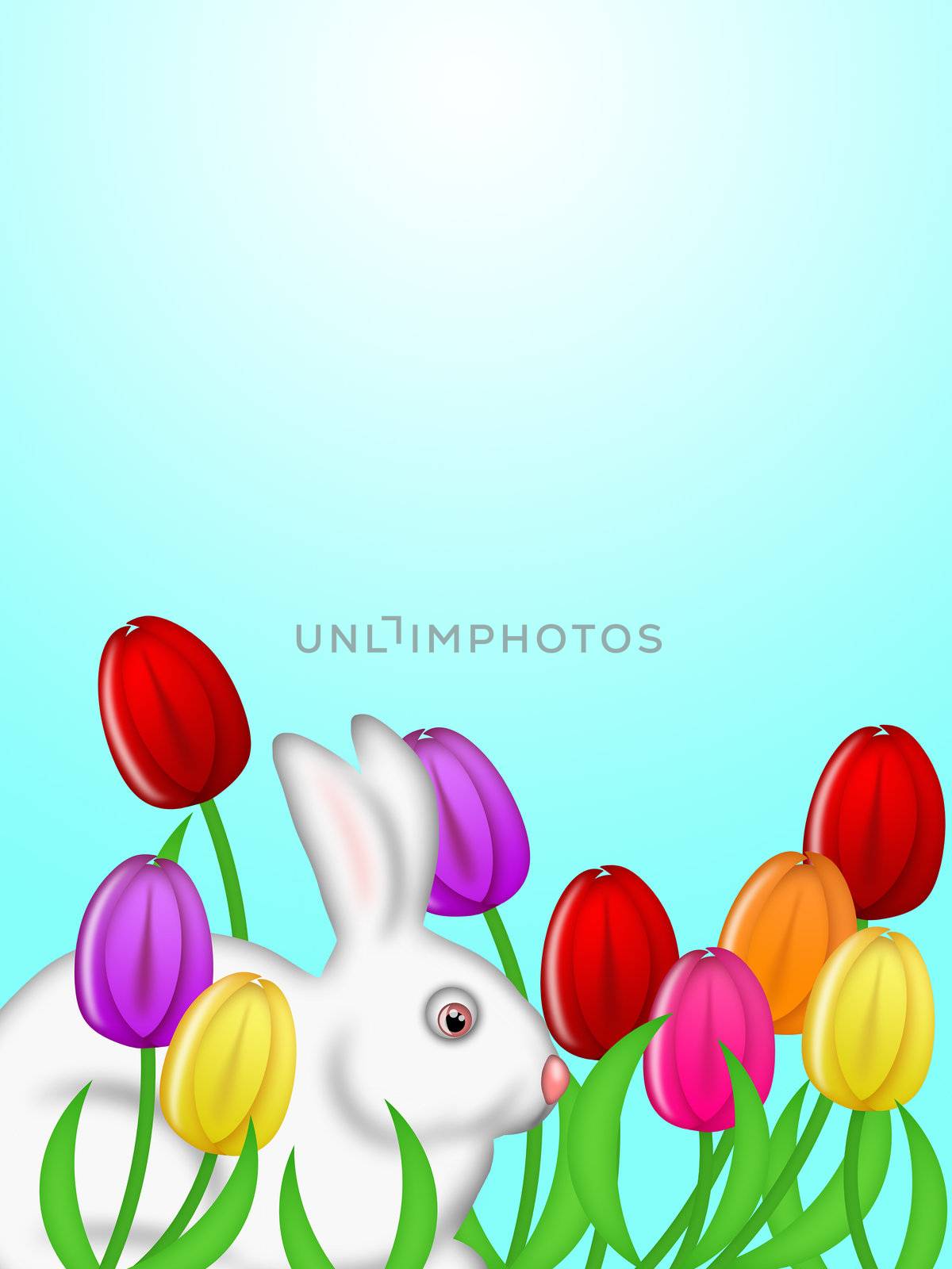 White Easter Bunny in Colorful Tulips Flower Field Illustration