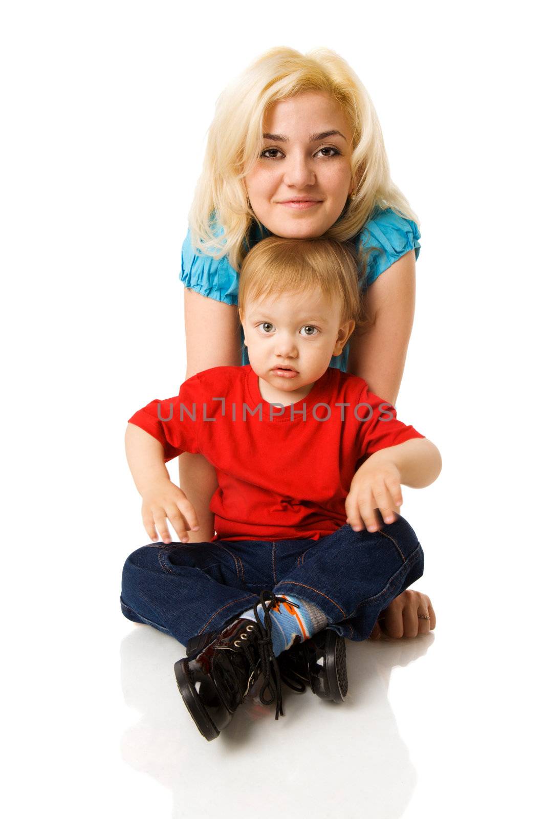 Happy cheerful Mother hugging son isolated on white