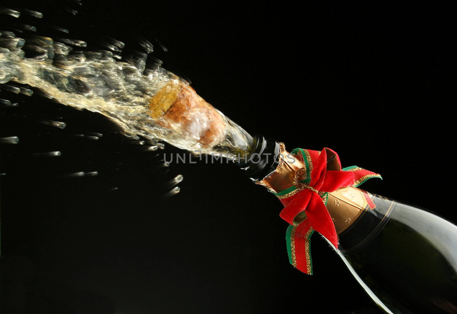Champagne splash. Bottle and cork, with christmas decoration