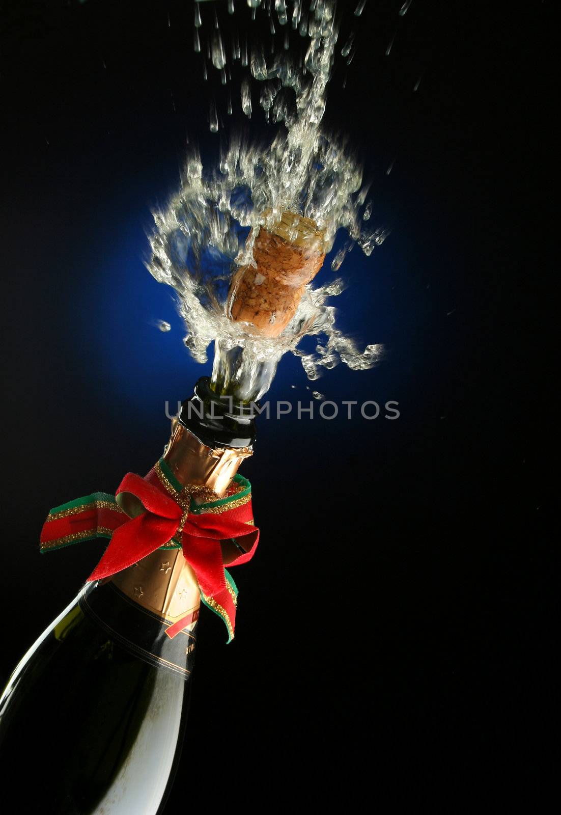 Champagne splash. Bottle and cork, with christmas decoration