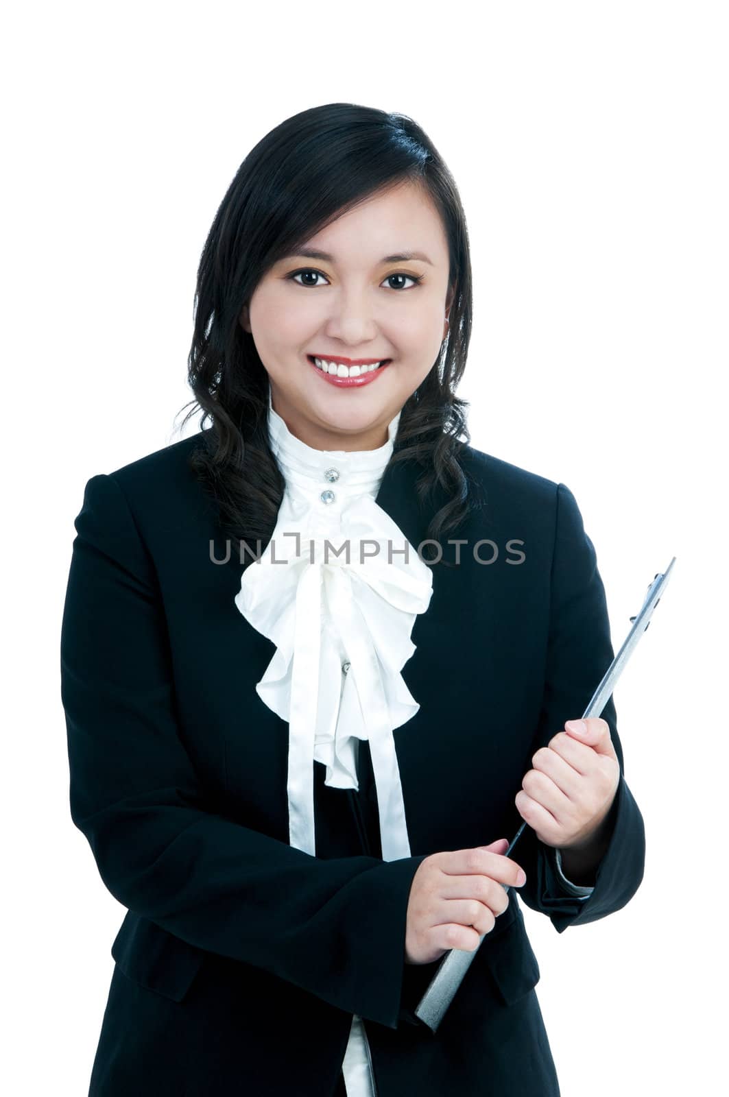 Portrait of a beautiful businesswoman holding a file, over white background.