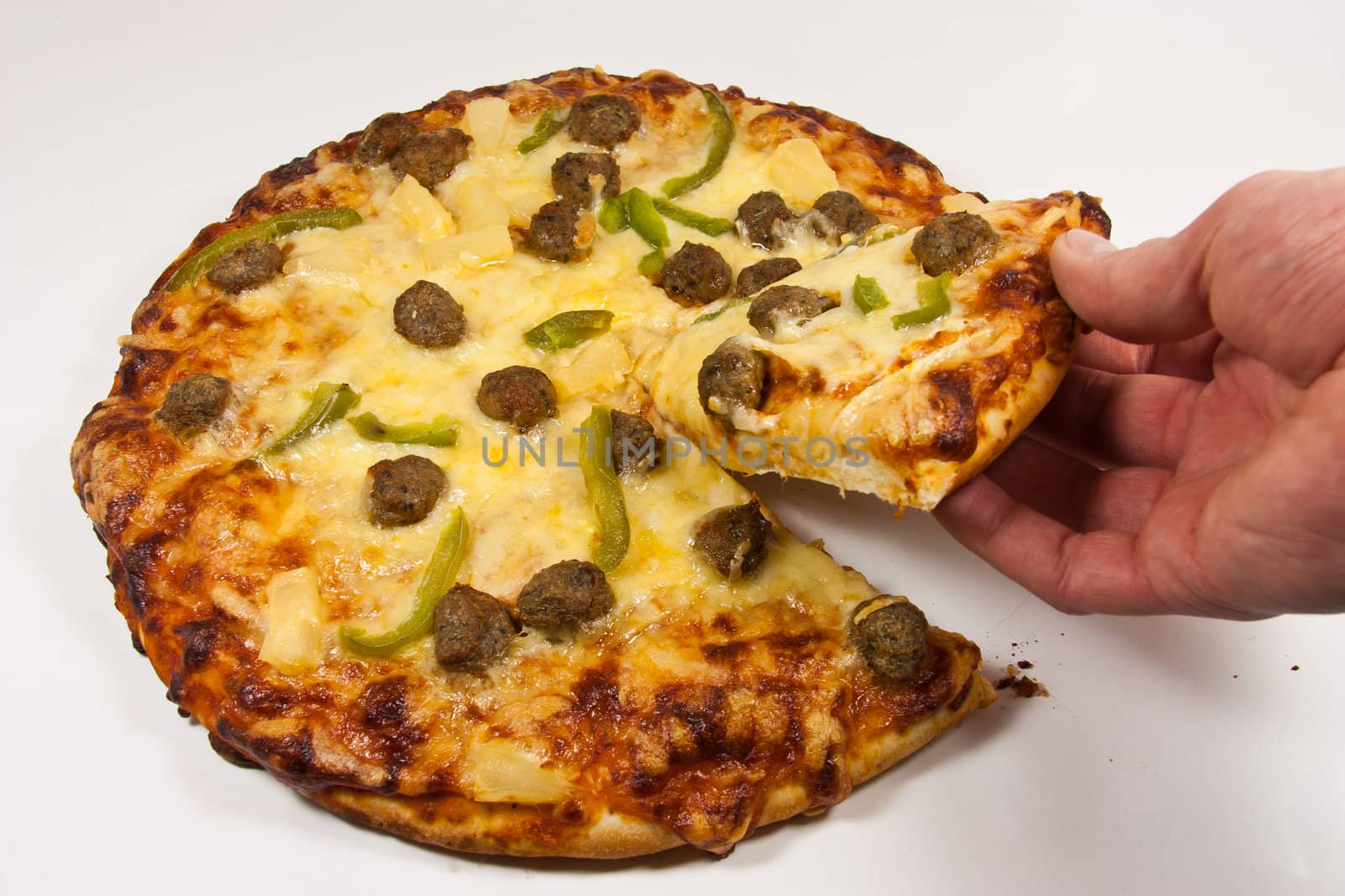 Picture of a hand grabbing a pizza slice