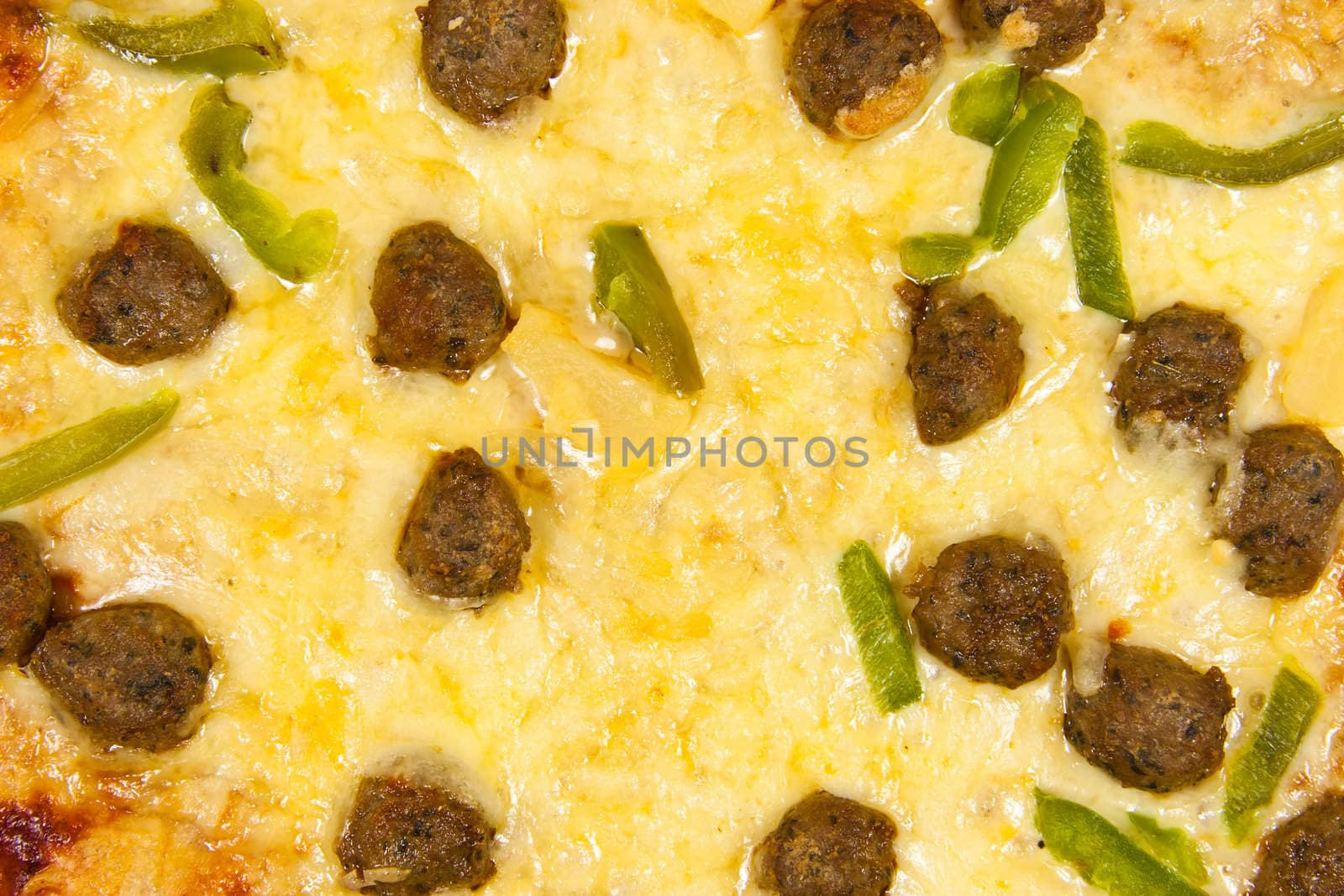 Picture of a meatball pizza . closeup