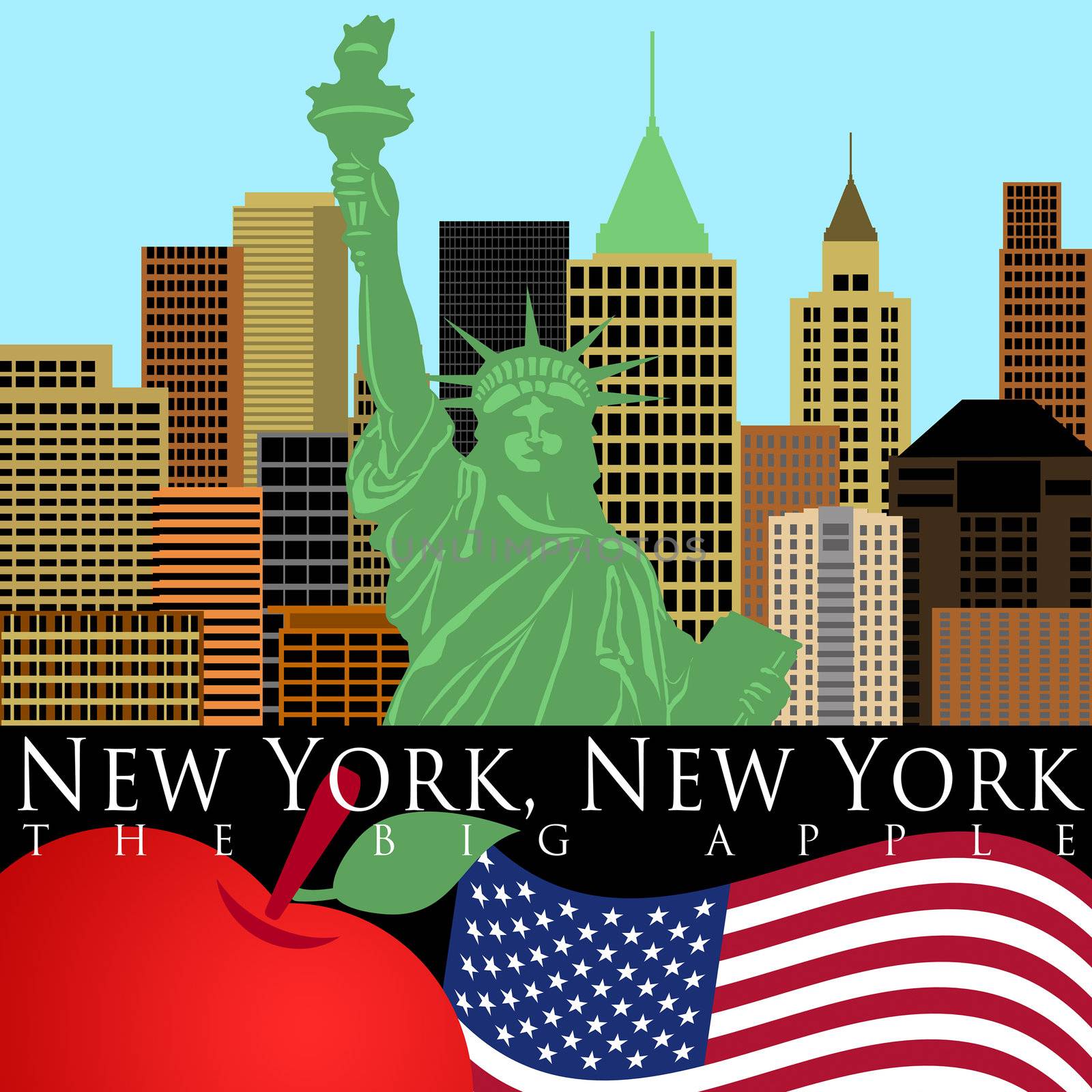 New York Manhattan Skyline with Statue of Liberty Color Illustration