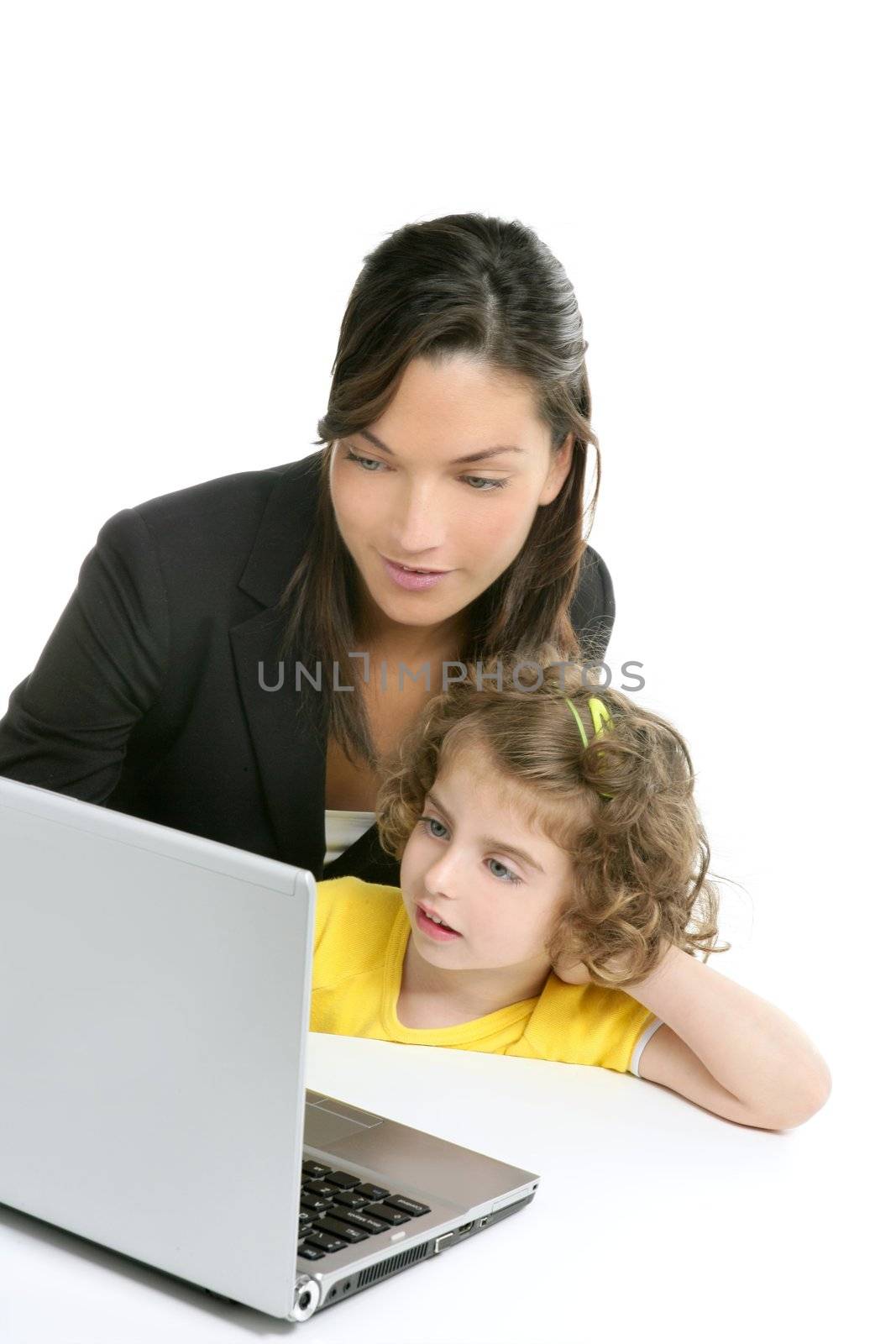 Beautiful mother and daughter laptop computer by lunamarina