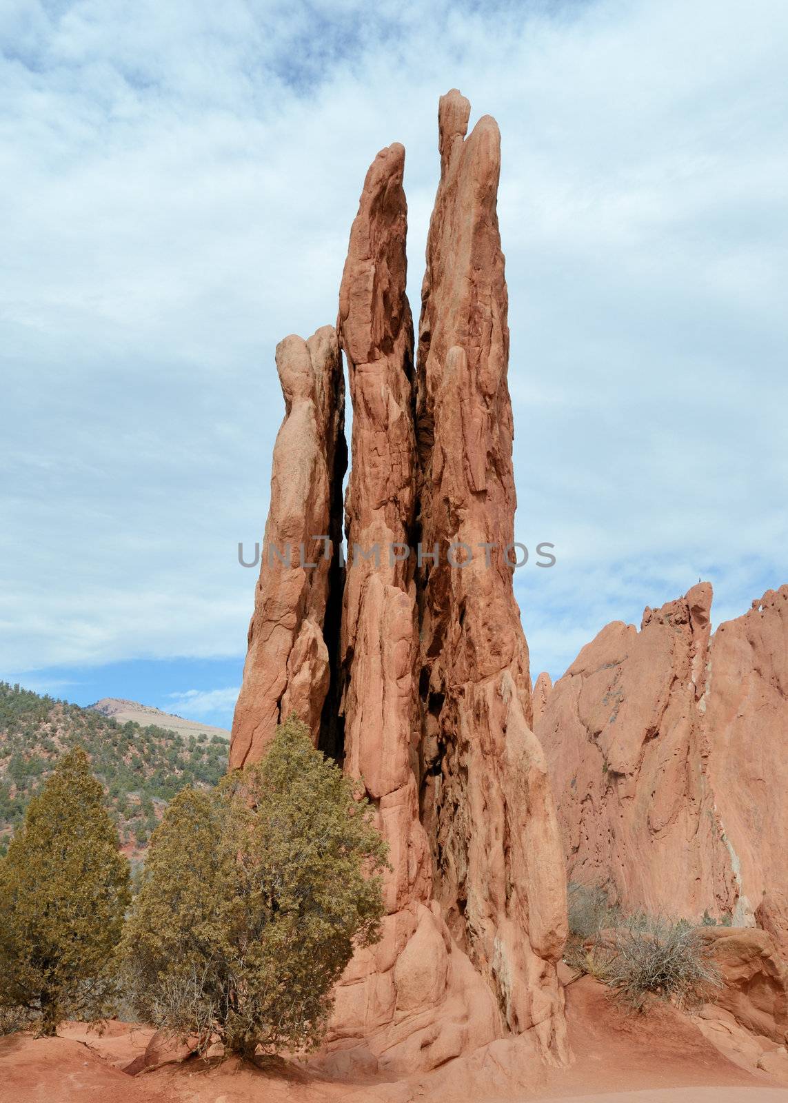 Scenic view of Three Graces rock formations at Garden Of The Gods Park outside of Colorado Springs,Colorado.